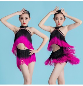 Girls fuchsia gradient tassels latin dance dresses kids salsa dance clothes rumba chacha performacne costumes for children